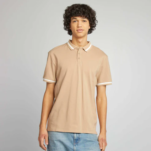 Short-sleeved polo shirt with beige contrasts